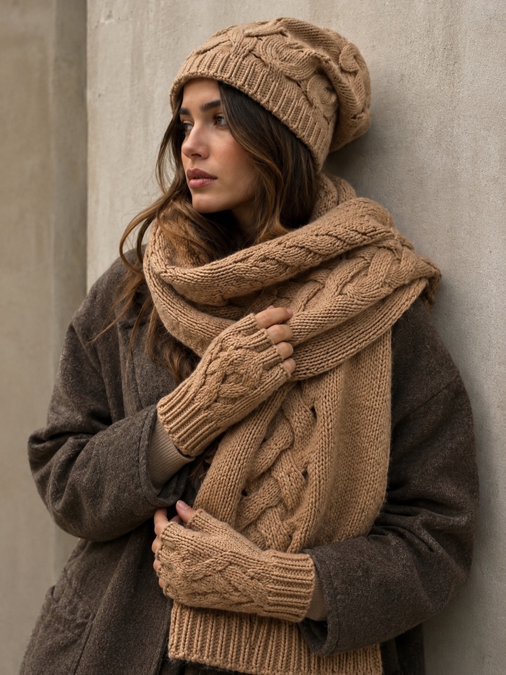 A Stefanel 100% Wool Luxury Chunky Knit 3PieceSet Scarf Beanie Fingerless Gloves